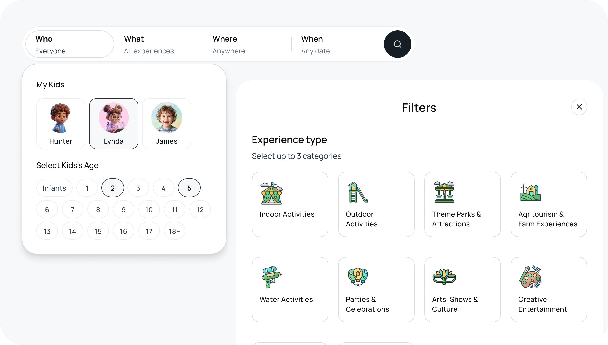 Everything Kids app — parent search experience